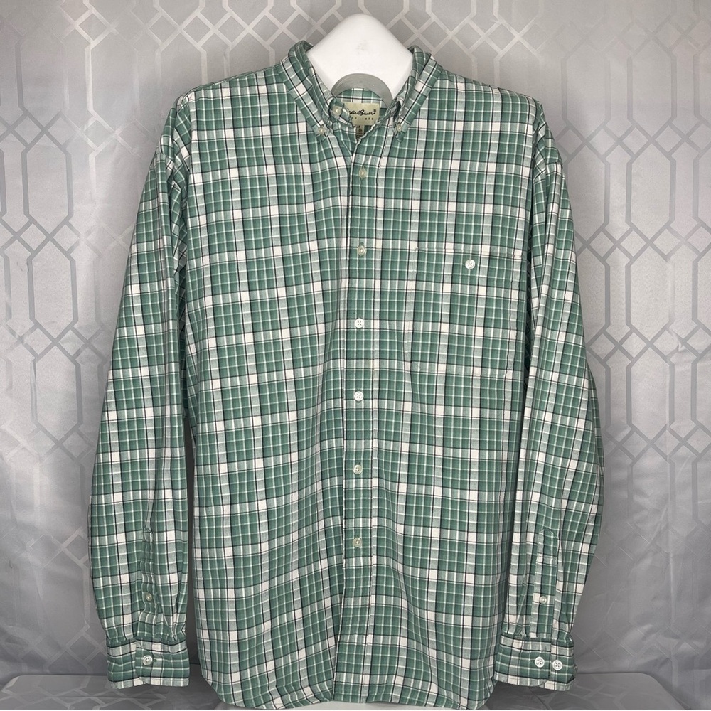 Eddie Bauer Regular Fit 100% Cotton Green Plaid Button Down Shirt Men’s Size XL